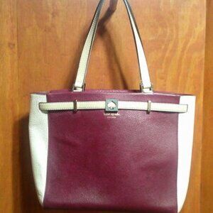 Kate Spade New York Pebbled Leather Block Cream and Maroon Tote Bag